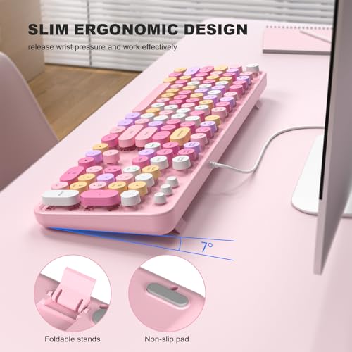 Image of MOFII Wired Full Size USB Keyboard, Colorful Retro Round Typewriter Keyboard with Foldable Stands for Windows PC Laptop (Pale Pink)