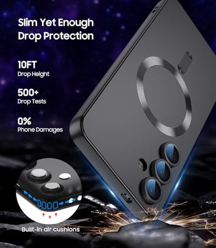 LEKEVO Magnetic for Samsung Galaxy S24 Case [Compatible with MagSafe][Built-in Camera Lens Protector] Slim Soft Silicone Bumper Shockproof Metallic Luster Phone Case (Black)