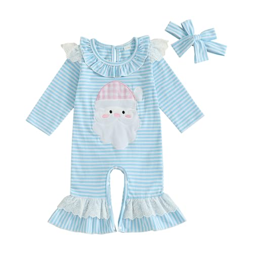 Infant Newborn Baby Girl Christmas Clothes Santa Embroidery Long Sleeve Romper Jumpsuit Xmas Stripe One Piece Outfit