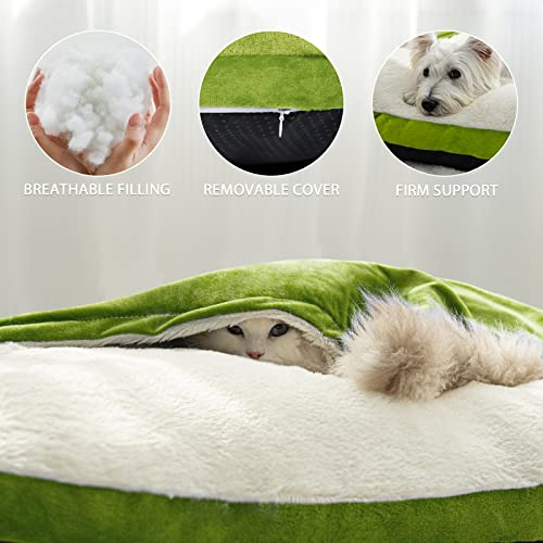 Patas Lague Round Calming Dog Bed With Hooded Blanket For Small Dogs 24X4 Inch, Pet Cat Cuddler Cave Bed With Removable Washable Cover, Anti-Slip Bottom, Forest Green #TOP3