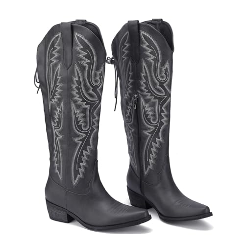 Image of Lace Up Cowboy Boots for Women Embroidered Wide Calf Cowgirl Boots Comfortable Chunky Heel Pointed Toe Trendy Western Shoes for Prom Music Festival