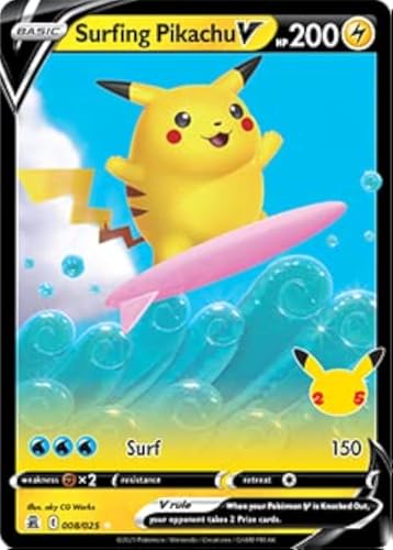 Pok&eacute;mon Celebrations Surfing Pikachu V, 25th Anniversary Full Art Rare Holo + Surprise Card!