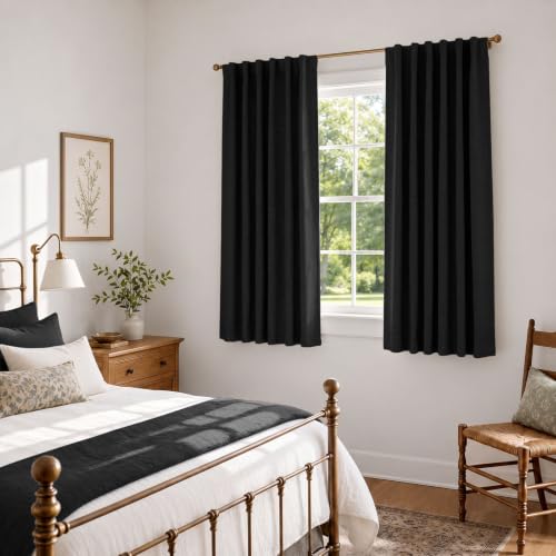 Image of Linen Textured Total Blackout Curtains for Bedroom 54 Inches Long, Black | 100% Blackout Shield, Back Tab /Rod Pocket Living Room Drapes, Thermal Insulated Blackout Curtains 2 Panels Set, 42 inchW x 54 inchL
