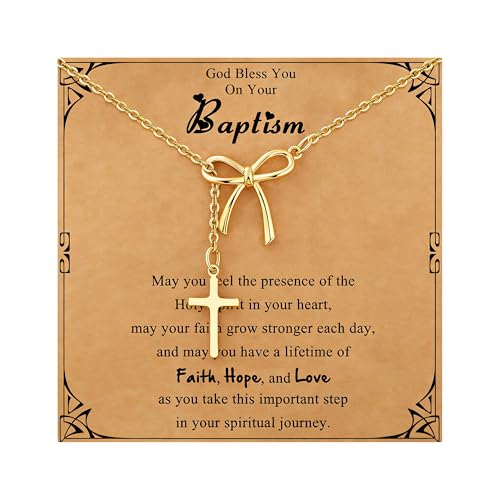 JoycuFF Baptism Gifts for Teens Women Christening First Communion Confirmation Catholic Religious Christian Gifts for Teen Goddaughter Daughter Granddaughter Niece Bow Cross Necklace