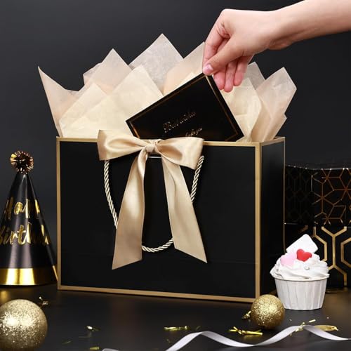 Image of JMANNI Gift Bags with Handles, 13 inch Medium Gift Bag for Presents, 2 Pcs Bags with 4 Tissue Paper and 2 Cards for Baby Shower Wedding Bridal Shower Mother's Day Birthday Party(Black-gold)