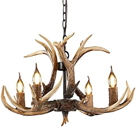 Resin Antler Chandelier 4 Light Deer Horn Chandelier Vintage Style Antler Lamp for Kitchen Dining Room Living Room Bedroom Bar Cafe Cabin Light, Brown