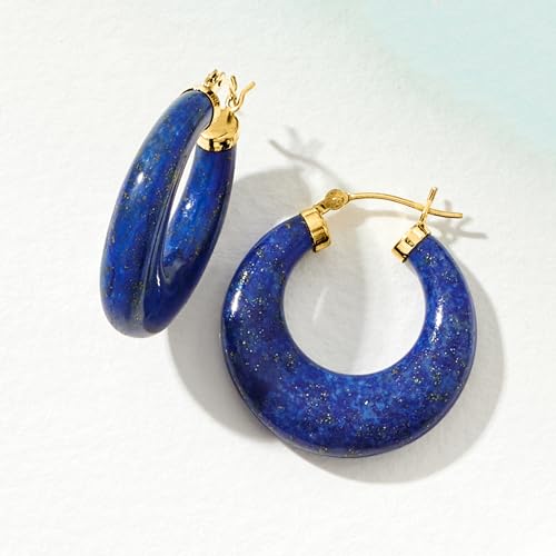 Image of Ross-Simons Round Gemstone Hoop Earrings in 14kt Gold 1 1 /8 inches