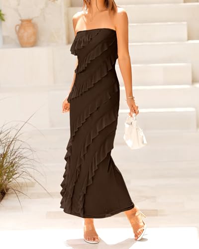 Image of BTFBM Women Summer Elegant Strapless Midi Ruched Bodycon Dress Solid Color Stretch Mesh Slim Party Cocktail Dresses