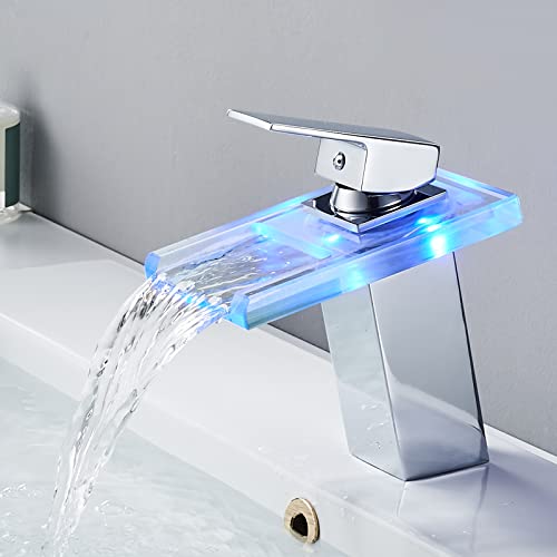 OUGOO Grifo de baño con luces LED, 3 colores cambiantes, cristal de cascada, latón cromado, grifo de lavabo de una sola mano, agua fría y caliente Cover