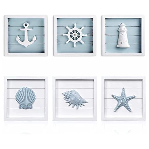 TideAndTales Nautical Wall Decor & Blue Seashells, Starfish with 3D Anchor, Lighthouse & Ship Wheel, Rustic Beach Bathroom Ocean Home Decoration, Coastal Theme Nautical & Ocean Inspired Beach, Set of Cover