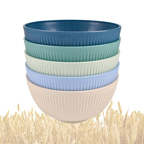 Lot de 5 bols à céréales en plastique incassable de 15 cm - Légers - Réutilisables - Pour nouilles, riz, micro-ondes et lave-vaisselle - Bleu vert