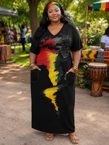 Image of Plus Size Maxi Dress for Women Short Sleeve V Neck Casual Loose Sundress with Pockets