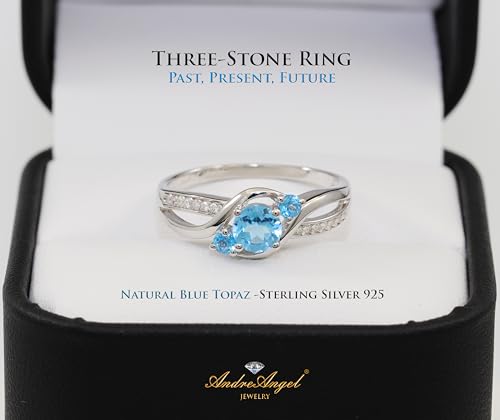 AndreAngel Three-Stone Natural Blue Topaz Gems Engagement Ring for Women 0.5 Carats 5 mm Diameter Solid Sterling Silver 925, Rhodium-Platinum Plated (7)2