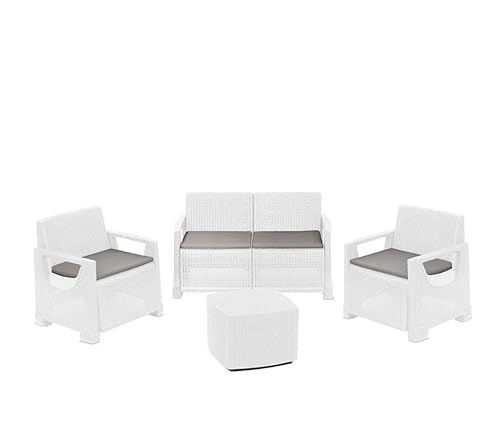 CRISCUOLO Set Bellagio Salotto da Giardino 4 Posti in Resina Effetto Rattan BIANCO - Include Divano 2 Posti, 2 Poltrone, Tavolino e Cuscini - Arredo Esterno per Terrazzo, Veranda e Piscina