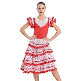 Wildarms Vestido Flamenca Mujer Disfraz Sevillana Traje Andaluz Cordobés con Volantes para Feria de Abril Sevilla Baile Flamenco Carnaval Halloween (FR/ES, Letras, S, Regular, Regular, Rojo+Blanco)