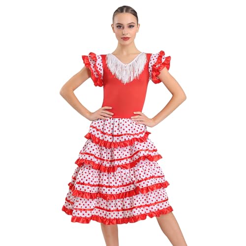 Vestido Flamenca Mujer Disfraz Sevillana Traje Andaluz Cordobés con Volantes para Feria de Abril Sevilla Baile Flamenco Carnaval Halloween (FR/ES, Letras, L, Regular, Regular, Rojo+Blanco)