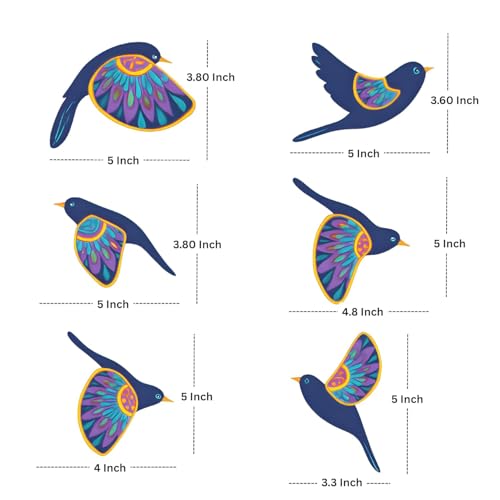 Image of DAKSHESTRY ARTWORKS Colorful Bird Wall Art Set | Premium MDF 3D Wall Decor | Easy Stick, Strong & Durable | Modern Home Decor Set of 6 Wooden Flying Birds