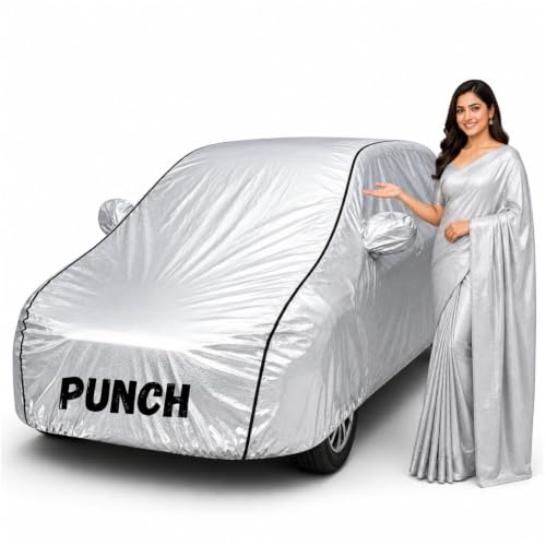 Image of Waterproof Car Body Cover for Punch All Weather Protection Comes with Inner Cotton Lining & Triple Stitched with Mirror & Antenna Pocket Belt & Elastic Fit Metallic Silver with Black Piping