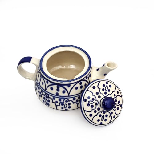 Image of NATRIEL Ceramic Tea Set, Blue Floral Design with Chevron Border, 1L Teapot with 6 Cups, Microwave and Dishwasher Safe (Option-03)