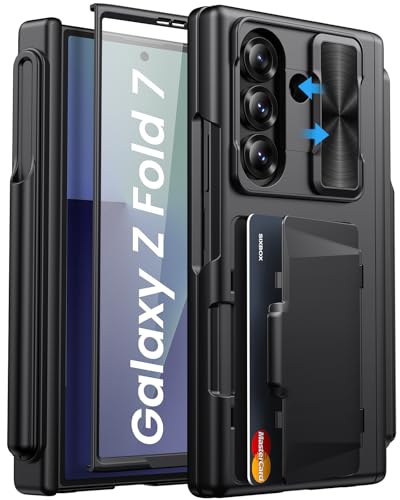SIXBOX for Samsung Galaxy Z Fold 7 Case with S Pen Holder, Built-in Card Holder & Screen Protector & Hinge Protection & Slide Camera Cover, Wallet Rugged Protective Phone Case for Z Fold 7,Black