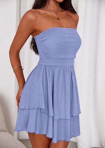 Image of PRETTYGARDEN Women's 2026 Summer Strapless Tube Mini Dress Off Shoulder Smocked Ruffle A Line Flowy Short Party Club Dresses
