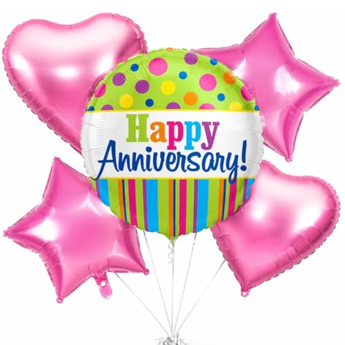 Image of Wanna Party Happy Anniversary Foil Balloon Set of 5 for Decoration | 1 Round Anniversary Balloon (18 Inch) + 2 Pink Heart Balloons + 2 Pink Star Balloons | Helium Supported Party Decor
