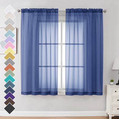 Image of OVZME Royal Blue Sheer Curtains 63 Inches Long 2 Panels - Soft Light Filtering Window Sheer Panels for Living Room /Bedroom, Top Dual Rod Pocket, 1 Pair, Each 42Wx63L Inches