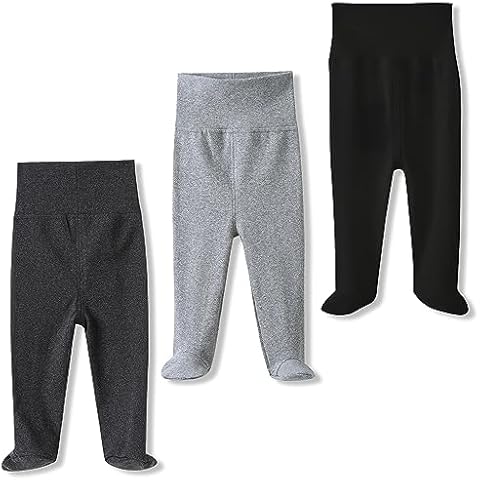 ACESTAR Newborn Baby Boys Girls 3-Pack Cotton High Waist Footed Pants 6-12 Months, Black and Dark&Light Grey Cover