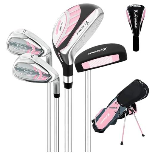 XDriveMax 5 Pieces Kids Golf Club Set, Junior Golf Club Set Ages 5-8 Includes Stand Bag, 5# Hybrid, 6/7#, 9/P# Irons and Putter Right Hand for Boys Girls,Pink