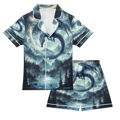ALAZA Dragon Moon Tree Satin Pajamas Set Short Sleeve Button Down Sleepwear Summer Pjs 2 Piece