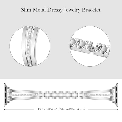 Image of AIRSPO Slim Silver Band Compatible with Apple Watch 42mm /44mm /45mm /46mm Women Thin Metal Strap Dressy Jewelry Bracelet with Diamond for iWatch Bands Series 10 /9 /8 /7 /6 /5 /4 /3 SE