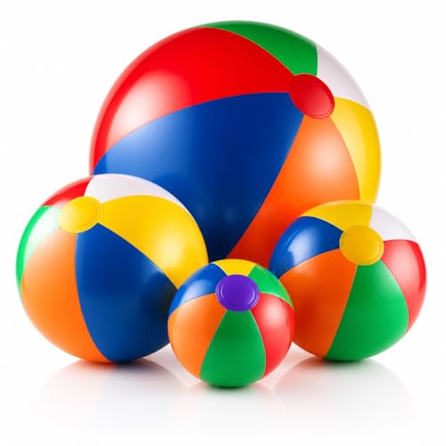 4-pcs Assorted Sizes Inflatable Beach Balls - Small & Large Rainbow Beach Balls For Kids In 6', 12', 16', 24' Sizes - Colorful Blow Up Pool Toys For Beach Games, Summer Party Decoration & Outdoor Fun