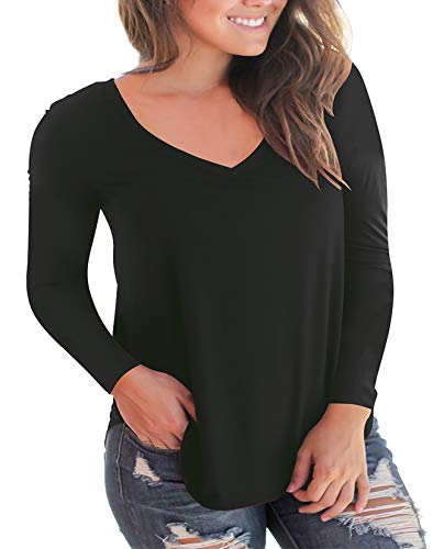 Women's V Neck Long Sleeve Loose Fit T Shirt Soft Tops Black M