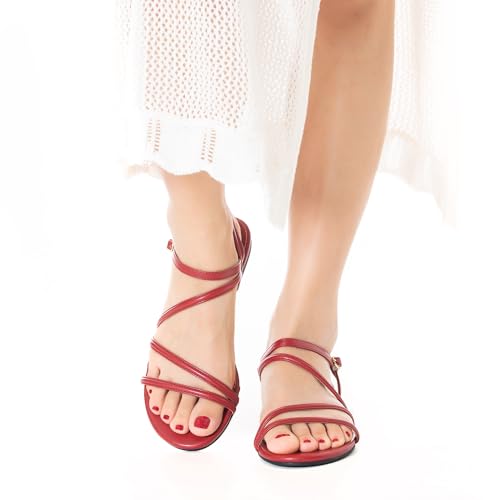 Image of Mtzyoa Women Flat Sandals Dressy Strappy Gladiator Summer Ankle Strap Nude Open Toe Comfortable Wedding Casual Leather Ladies Party Trendy Vacation