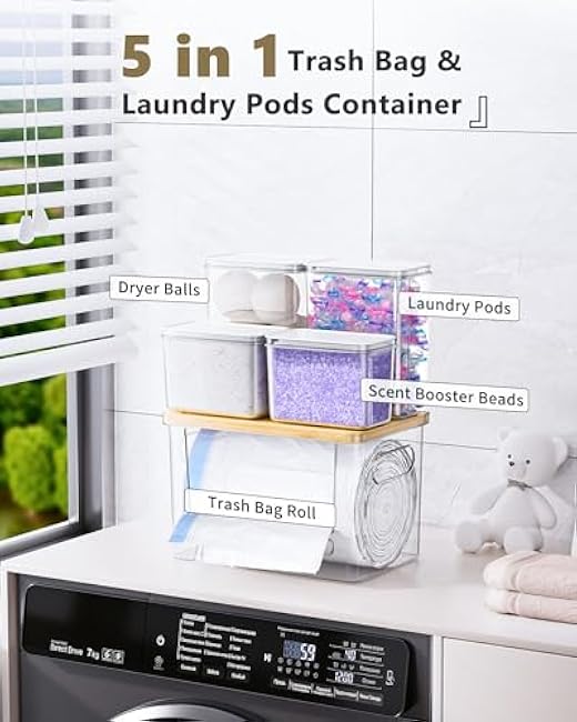 Trash Bag Holder Laundry Pods Container, 5 in 1 Trash Bag Dispenser Under Sink Acrylic Garbage Bags and Dishwasher Pod Organizer Detergent Powder Container, Laundry Room Organization Storage