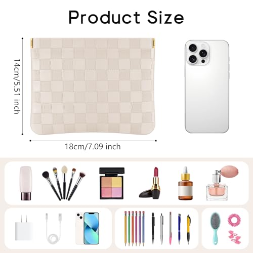 Sightor 2PCS Pocket Cosmetic Bag for Purse, Checkered Makeup Bag Portable Leather Cosmetic Bag for Women, Coin Purse Lipstick Cosmetic Accessories Organizer Travel Cosmetic Pouch (Black, Beige, L)2