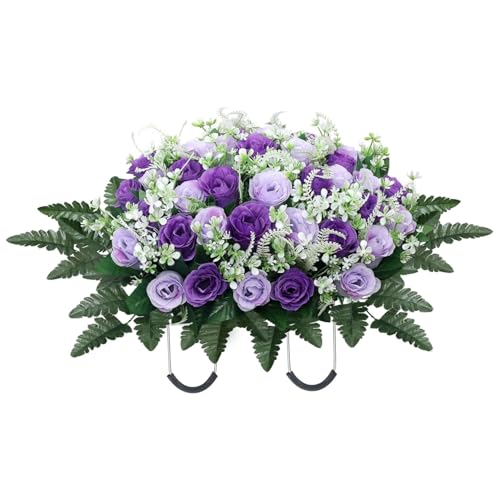 Headstone Flower Saddle, 26x14 Inch Silk Cemetery Flowers for Grave, Lifelike Purple Rose Grave Decorations for Cemetery Flowers for image 4