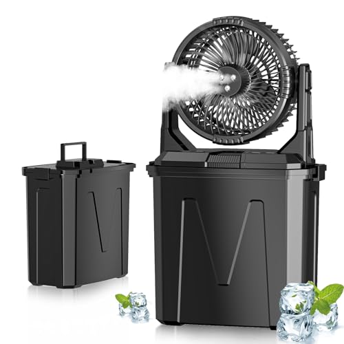 GHORA Ventilador de nebulización portátil con control remoto, batería recargable de 20000 mAh, tanque de agua de 9 L, 4 niveles de velocidad, 4 modos de pulverización, luces de color RGB, función de