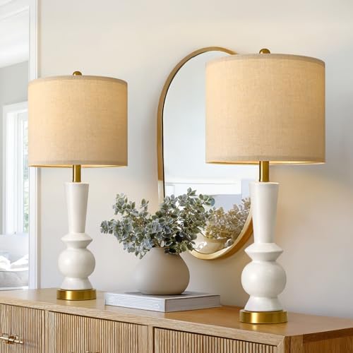 PORTRES 27" Modern Ceramic Table Lamp Set of 2 for Living Room Wh...