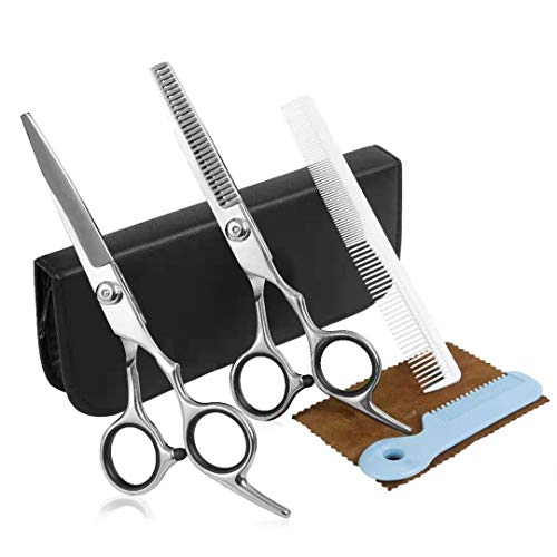 Hair Cutting Scissors Set, Professional Haircut shears,Stainless Steel Flat/Thinning Scissors Kit with Combs & Faux Leather Case as Household Haircut Scissors for Kids Women Men