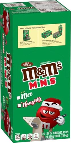 M&M's Christmas Milk Chocolate Minis Size Christmas Candy Bulk Tube, Holiday Stocking Stuffers Gift 1.08 oz (Pack of 24)