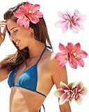 3 PCS Hawaiian Flower Hair Clips for Women Artificial Orchid Hair Barrettes Hibiscus Flower Hair Clips for Wedding Bridal Beach Party(Pink+Rose+Green)