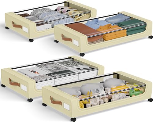Image of GoMaihe Under Bed Storage with Wheels:48L Underbed Storage Containers with Lids - Rolling Bins for Shoes Clothes in Dorm Bedroom - Metal Drawers Easy Pull-out Beige 4-Pack