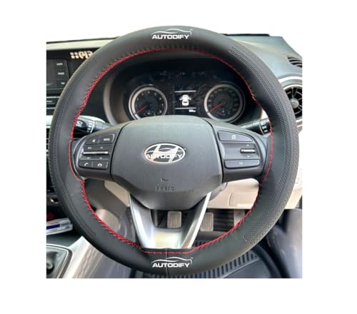 Image of Black with Red Stitch Leather Steering Wheel Cover Universal Fit, Anti-Slip, Breathable, Comfortable Grip, Durable & Stylish for Cars Easy Install Long Lasting ProtectionNon SlipDesign.