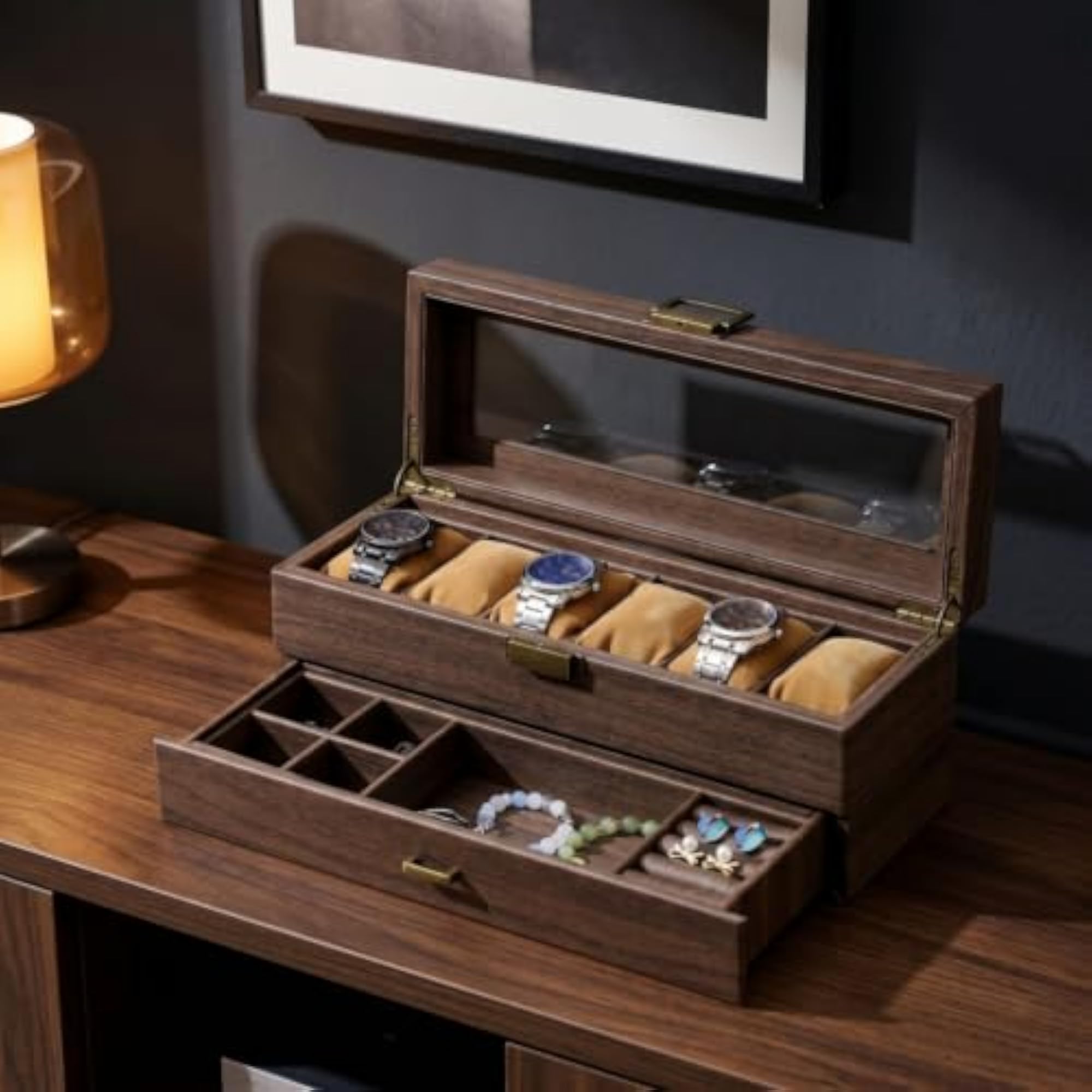 6-Slot Wooden Watch Display Case with Glass Lid