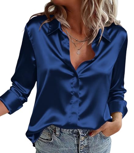 Zeagoo Satin Blouse for Women Long Sleeve Silk Button Down Shirt Casual Business Dressy Top Navy...