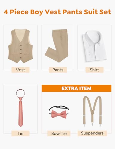 Image of Boys Khaki Suit 5 Pieces Slim Fit Kids Formal Tuxedo Suit Set for Wedding Ring Bearer, Easter, First Communion, Confirmation, Graduation Little Boys Size 6