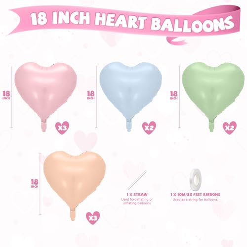 Image of Pink Blue Green Heart Balloons, 10 Pcs Pastel Heart Shaped Balloon, 18 Inch Baby Pink Blue Sage Green Foil Balloons for Boho Garden Wildflower Brithday Baby Shower Valentines Tea Party Decoration