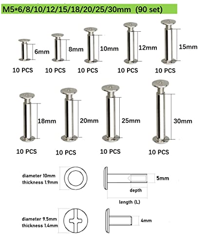 CONPHERON Chicago Screws 90 Sets Binding Screw 9 Sizes Rivets for Leather Decoration Book Binding (Nickel Plated) - Image 2