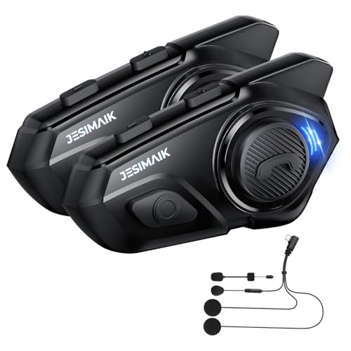 JESIMAIK Motorcycle Helmet Bluetooth Headset, 10 Way 2KM Helmet Communication System, Multitasking Audio Motorcycle Intercom, 2 Mics&40mm Speaker (2 Pack)
